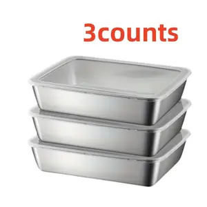 3pcs Food Grade Stainless Steel Square Tray Set, Thickened Serving Plates, Steaming Trays & Storage Containers, Multi-Purpose Kitchen Accessories
