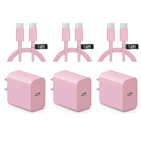 GSASUPJ 3 Pcs 20W USB-C Wall Charger Block with 10Ft C-Type Cable - 20W Speed, 20V & Above Fast Charging, Reusable for iPhone 16/16 Pro/16 Pro Max/15, iPad Pro/Air 5/4/iPad 10 (Pink)