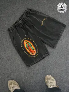 Men's Guadalupe Virgin Print Washed Shorts, Classic Faded Cotton Five-Quarter Pants, Mexican Streetwear Casual Jeans