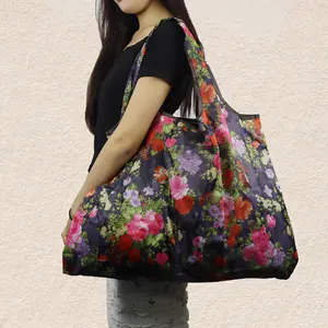 Portable Foldable Floral Pattern Tote Bag, Nylon material Waterproof Large Capacity All Over Print Shopping Bag for Women & Men,Casual Trendy Versatile High-quality Daily Commuting Shoulder Bag,