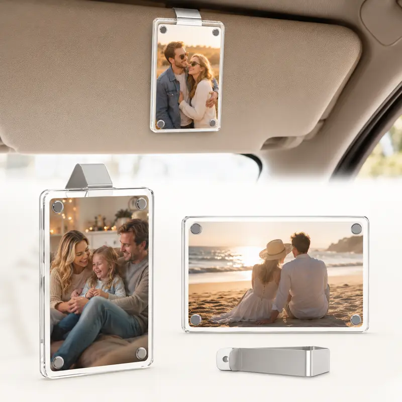 2 PCS Shatterproof Transparent Acrylic Automotive Car Visor Photo Frame Clips - Universal Vertical Driver-Side Snap Clips, Yellowing-Resistant, Standard Fit, Double Utility, Easy DIY Photo Decor, Car Accessory for Sedans-SUVs-Trucks, Couples Gift