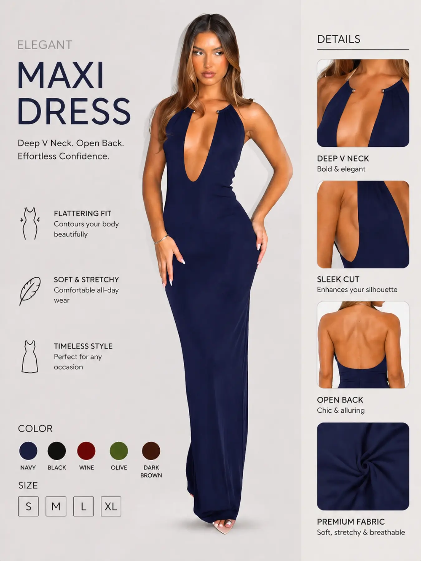 Strapless Deep V Backless Long Dress, Metal Buckle, Slim Fit, No Bra  Needed, Elegant Evening Wear, High-Quality Fabric