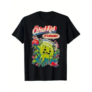 [Vibrant Cthulhu Aid] 100% Cotton Men's "Cthulhu Aid" Graphic T-Shirt | Casual Fit, Short Sleeve, Round Neck - Vibrant Anime-Style Cthulhu Design with Bold Lettering, Non-Stretch Fabric - Perfect for All Seasons