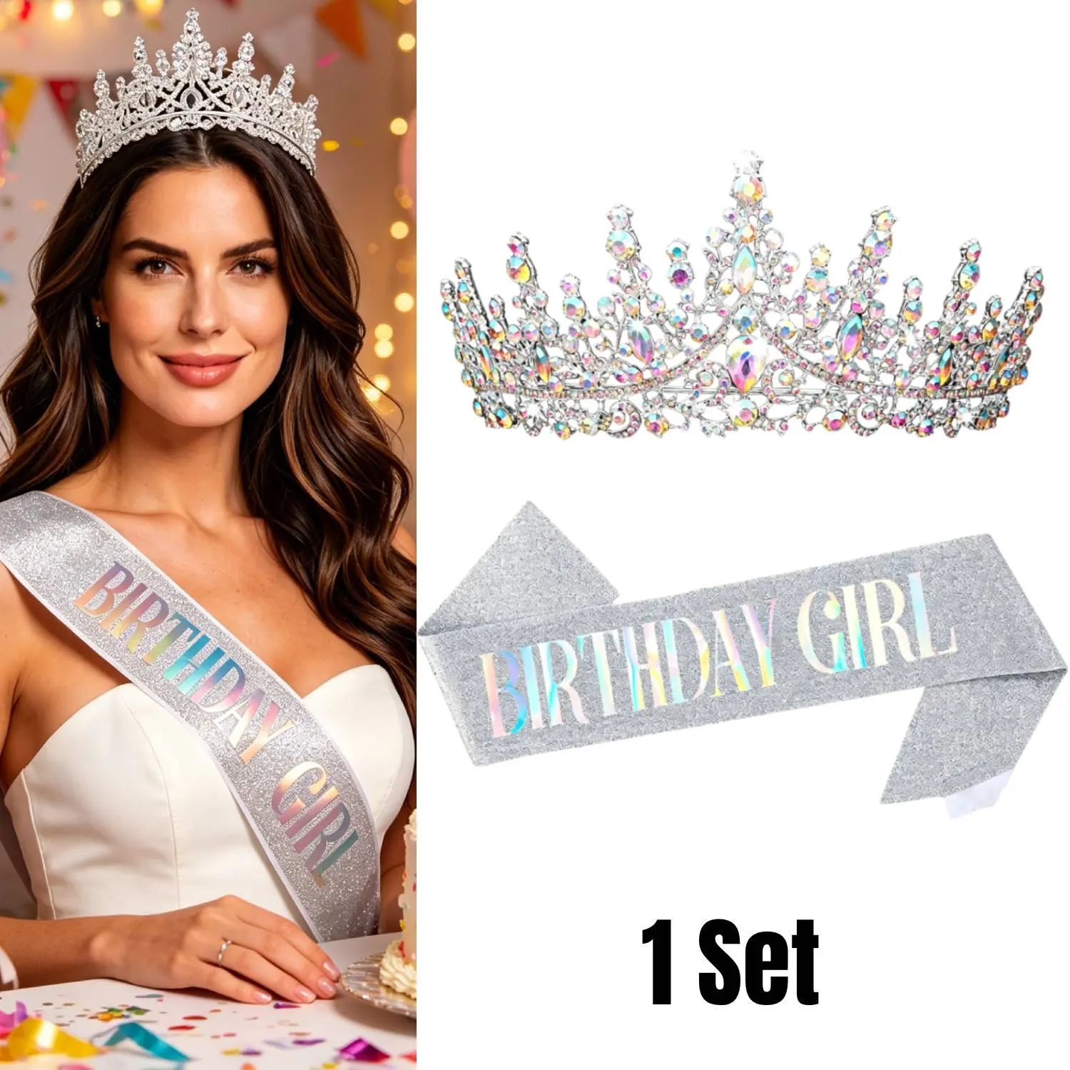 Princess Tiara Hair Jewelry with Crystal Accents and Adjustable Glitter Sash Set for Women Girls, Styling Accessory for Birthday Party, Elegant Crown Design, Black Letter Shine