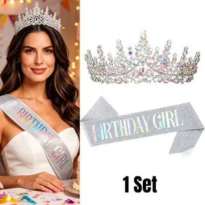 Sash and Tiara Set for Women, Silver Crystal Princess Crown and Black Glitter BIRTHDAY GIRL Sash, Party Favors Styling Accessory