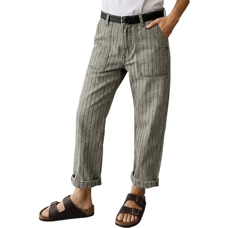 Flamingals Pinstripe Roll Hem Mid Waist Straight Leg Cropped Pants Without Belt Stretchy 26.2'' Inseam