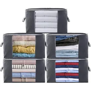 5PCS Clothes Storage Boxes, Foldable Clothes Storage Bag with Reinforced Handle and Transparent Window Organizer for Storing Clothes, Duvets, Blankets
