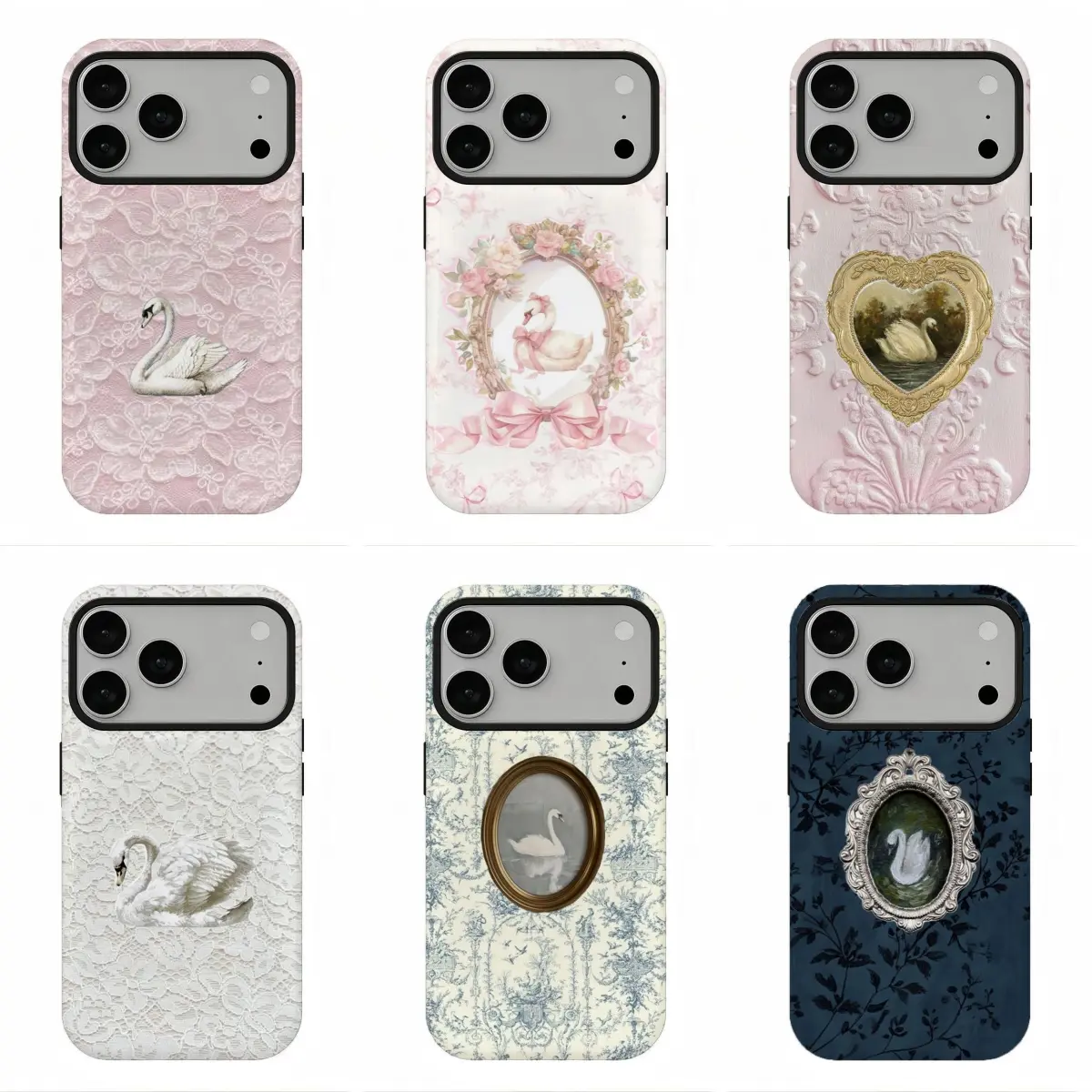 Viral Rococo Swan Print Phone Case, Soft Romantic Aesthetic, Coquette Swan Lace Cover, Compatible for iPhone 17 16 15 14 13 12 11, Perfect Holiday Gift