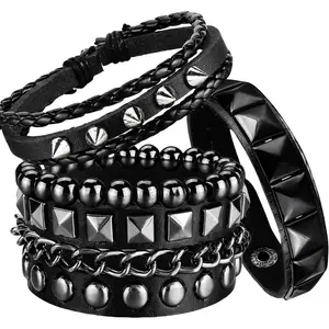 4 Pcs Punk Rock Leather Studded Bracelets for Men Women 80s Gothic Spike Cuff Bracelet Set Emo Accessories for Rocker Outfits