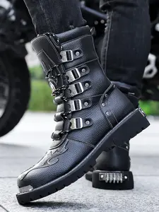 Men's New Original Punk Motorcycle Boots, Closed Heavy Metal Rivet Patchwork Crinkle Street Style Thick Sole Trendy Boots