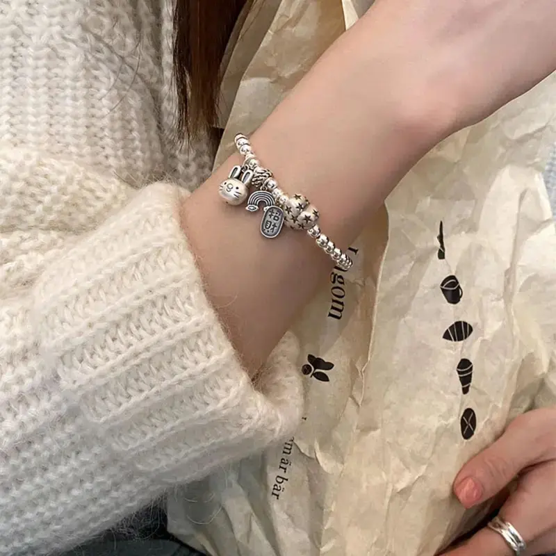 Romantic Heart & Cute Rabbit Charm Bracelet Crafted In 925 Sterling Silver, Delicate Decorative Women’s Fashion Jewelry, Soft Comfort Long-Wearing Wrist Accessory, Great For Birthday Gifting, Weekend Social Gatherings And Low-Key Daily Casual Styling
