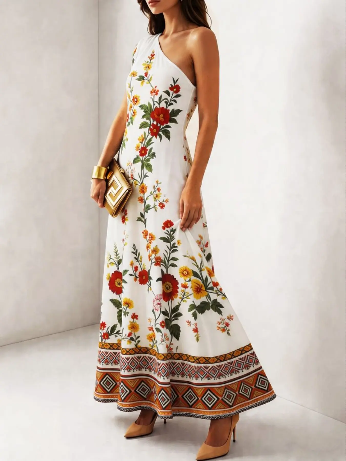 Boho One-Shoulder Floral Print Long Dress, Perfect for Weddings and Vacations, Elegant and Stylish Evening Gown, Ideal for Special Occasions