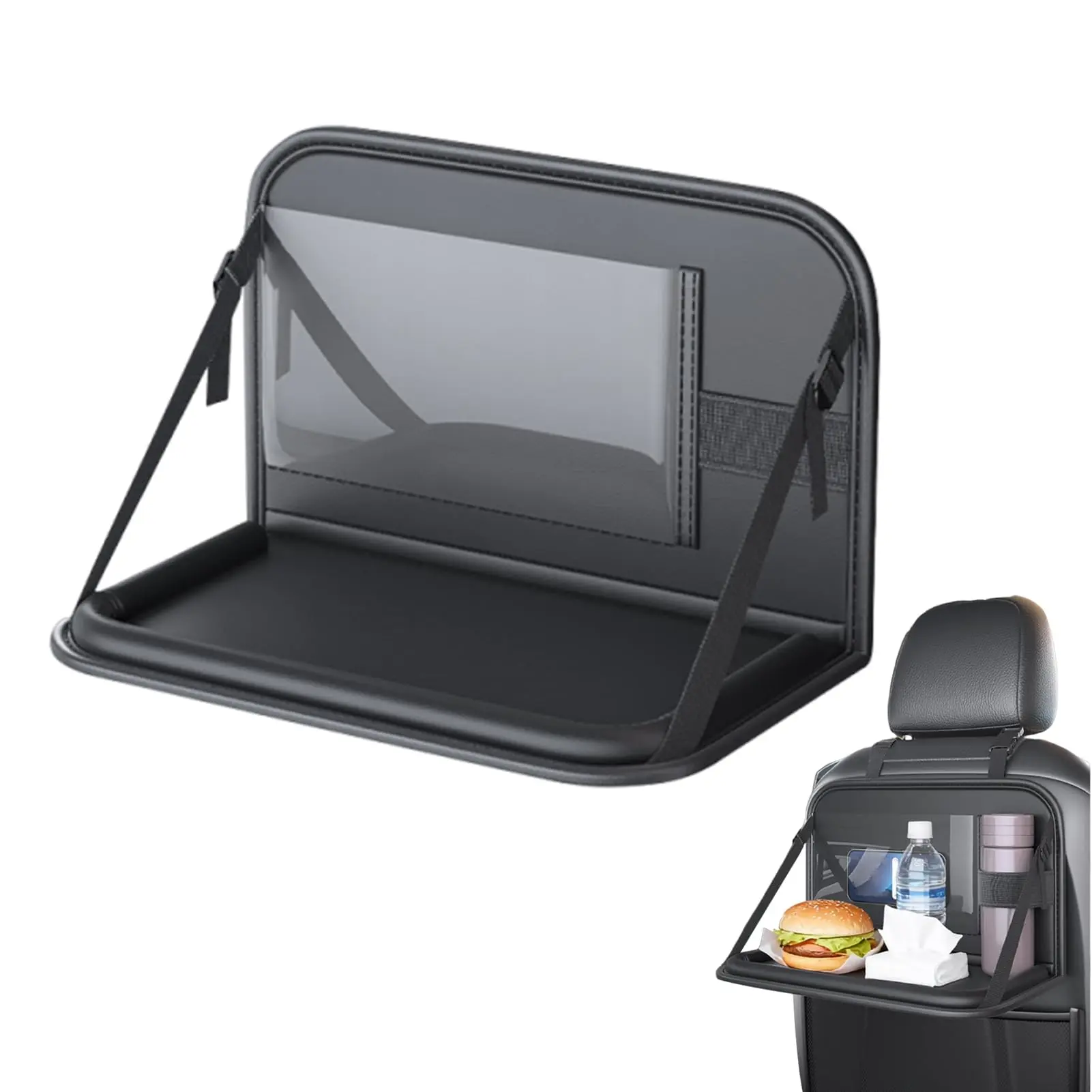 Leather Car Seat Tray - Curved, Compact Seat Back Mount Folding Organizer, Multi-functional Storage Box, Portable Automotive Accessory for Parents Traveling, All Cars Laptop Holder, Kids Dining Station, Thin, Boosts Driving Safety
