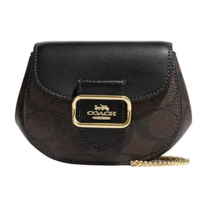 COACH Morgan 13 Mini Saddle Bag for Women – Classic Monogram Canvas with Leather Trim, Gold-Tone Logo, Brown and Black