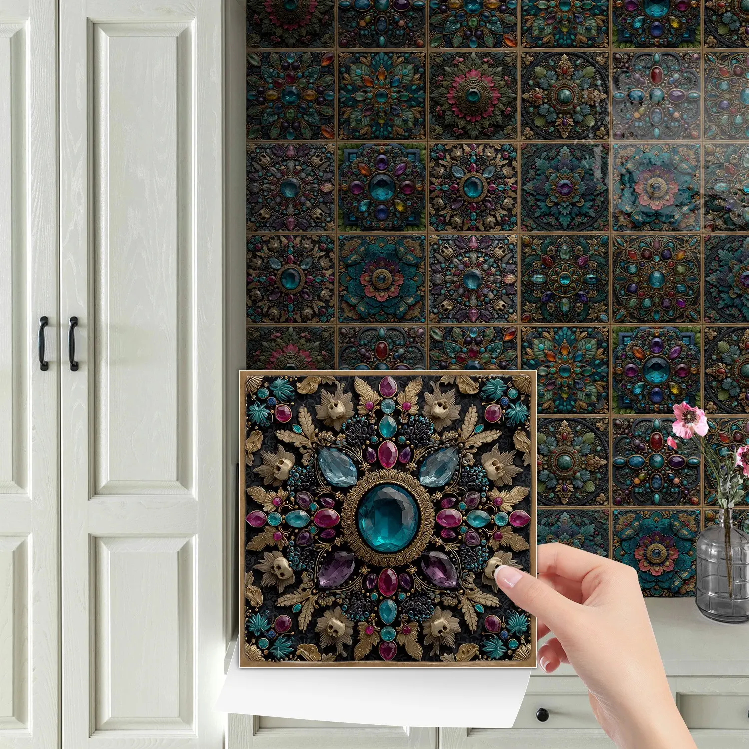 24PCS/Box NHZ Vintage Gem Theme Gemstone Relief Decorative Tile Stickers, Interior Stickers, Decorative Decal, Crystal Self Adhesive Peel & Stick DIY Backsplash, Waterproof Oil-Proof for Kitchen/Bathroom/Wall Renovation Decoration