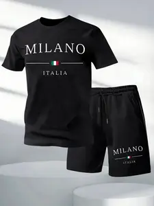 Men's Loose Fit 'milano Italia' Italian Flag Two-Piece Set, Minimalist Milan City Print T-Shirt & Shorts, European Street Style