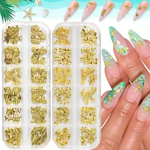 2 Boxes Gold Ocean Nail Charms, Star Conch Seashell Starfish Seahorse Nail Gems, Metal Alloy Summer Beach Nail Art Rhinestones Flat Back Nail Decorations for Women Acrylic Nails DIY Craft Accessories