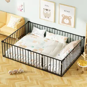NEKODO Full Floor Bed for Kids Metal Montessori Bed Frame with Door & Safety Guardrails Multifunctional Montessori Floor Bed, No Weight Limit, 20.6" High Safety Fence& Anti Collision Cotton,Easy Assemble,Black,White