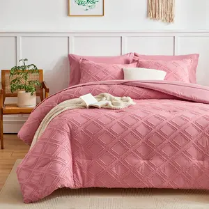 7 count Tufted Bed in a Bag  Comforter Set with Sheets Pink, Soft and Embroidery Shabby Chic Boho Bohemian, Luxury Solid Color with  , Jacquard Tufts Bedding Set for All Season