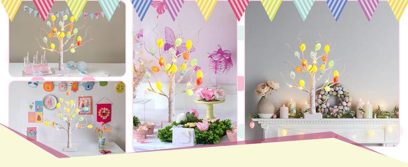 EAMBRITE Easter Decorations 22" Lighted Tabletop Tree with 18 Cracked Eggs White Birch Design USB Battery Powered for Indoor Home Spring Decor