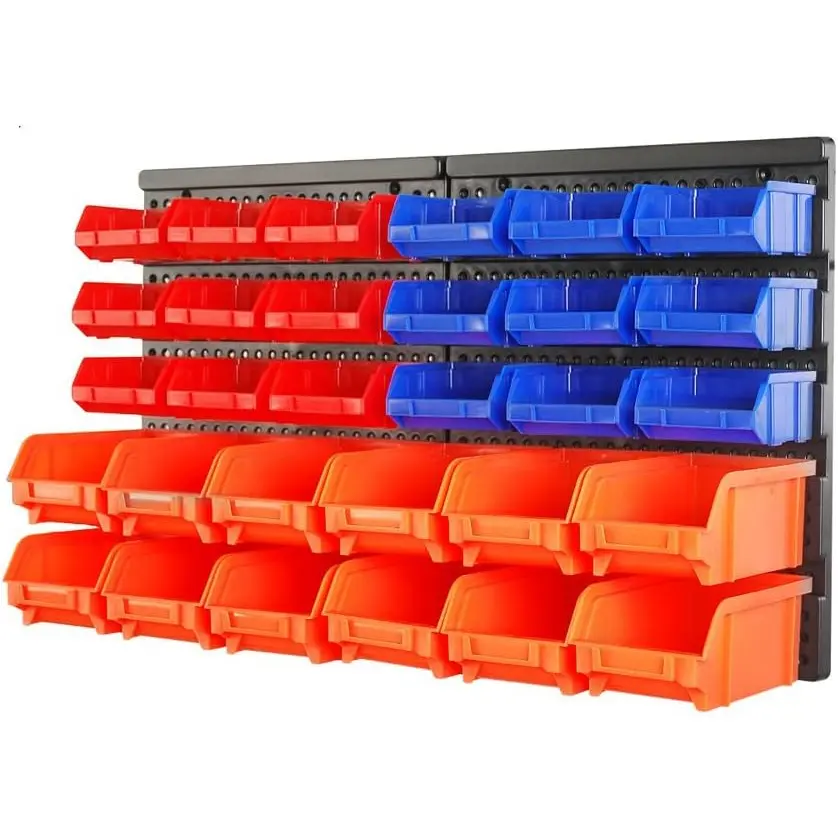 30PC-Bin Wall-Mounted Storage Rack System Heavy-Duty Garage Tool Organizer for Screws Nuts Bolts Nails Beads and Small Hardware Parts Easy Installation Customizable with Colorful Bins Red Blue Orange