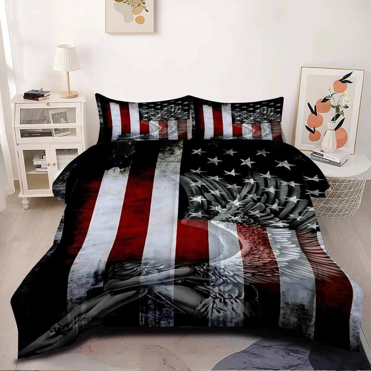 2/3 Pcs Black And Red Eagle American Flag Printed Comforter Set, Patriotic Themed Bedding Set, Soft And Breathable Quilted Quilt With 1/2 Coreless Pillowcase, Suitable For Bedroom Bedding Set, Suitable For All Seasons, Machine Washable, Comfy Bedding Sets