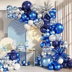 140pcs Blue White Silver Balloon Garland Arch Kit, Navy Light Metallic Blue Silver Confetti Balloons with Stars for Graduation