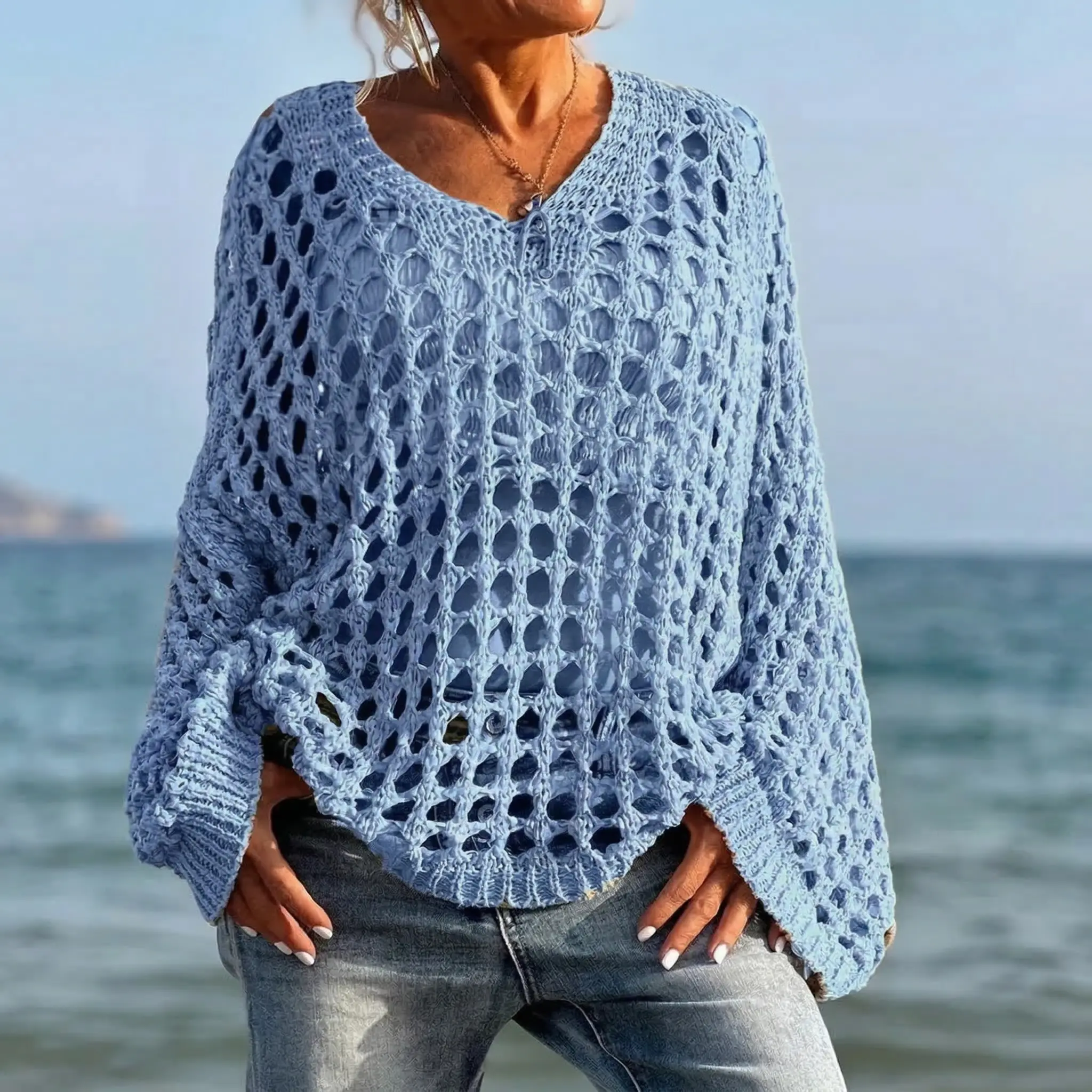 Women's Chic Lightweight Hollow Out Knitwear, Oversized V-Neck Crochet Pullover, Loose Mesh Long-Sleeve Top for Everyday Style & Casual Beach Cover-Up, Lady