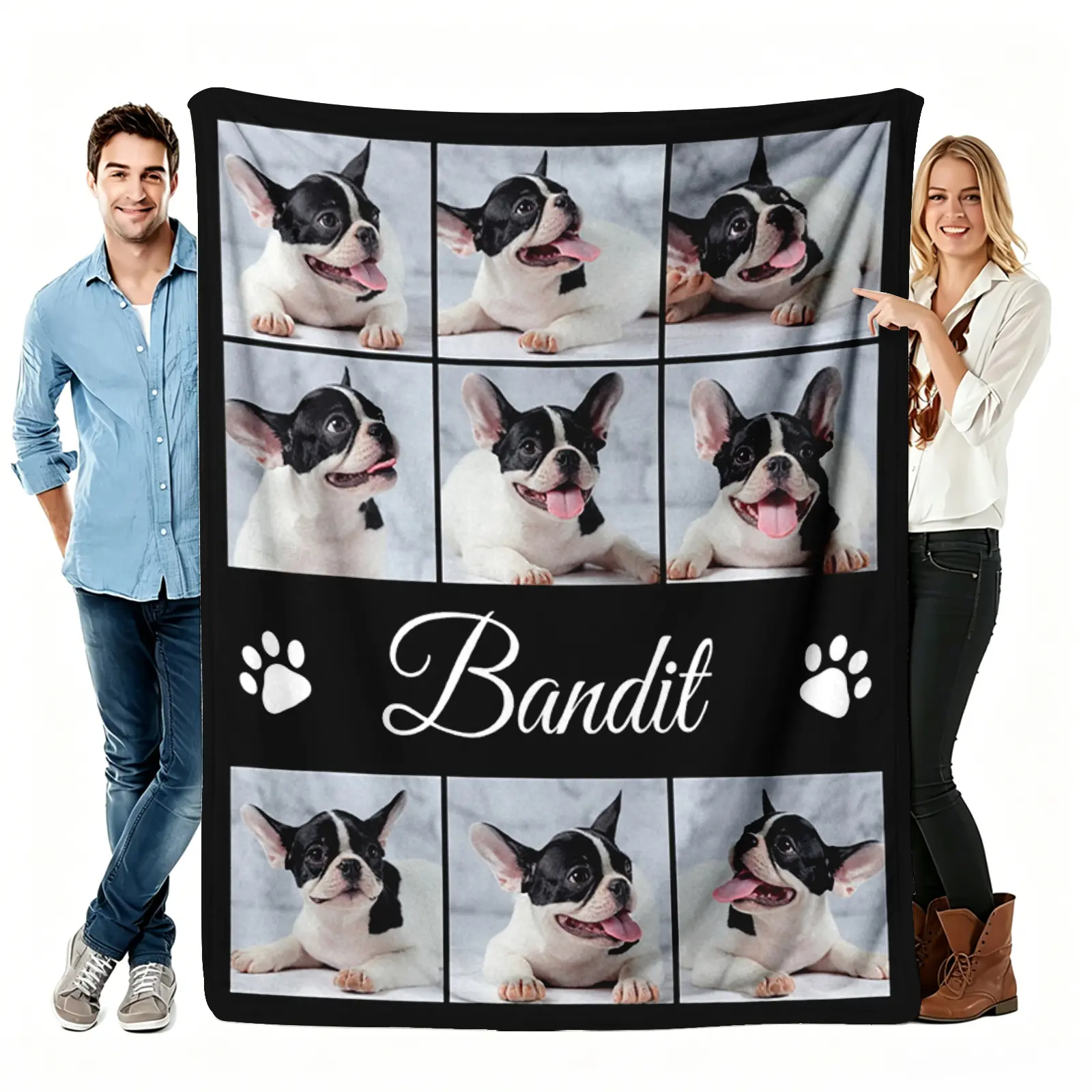 Pet Custom Photo Throw Blanket, Personalized Dog Flannel Blanket, Soft Cozy Warm Throw, Nine Grid Paw Print Design, Gift for Pet Lover Mom Dad, Memorial Cute Couch Bedroom Decor holiday
