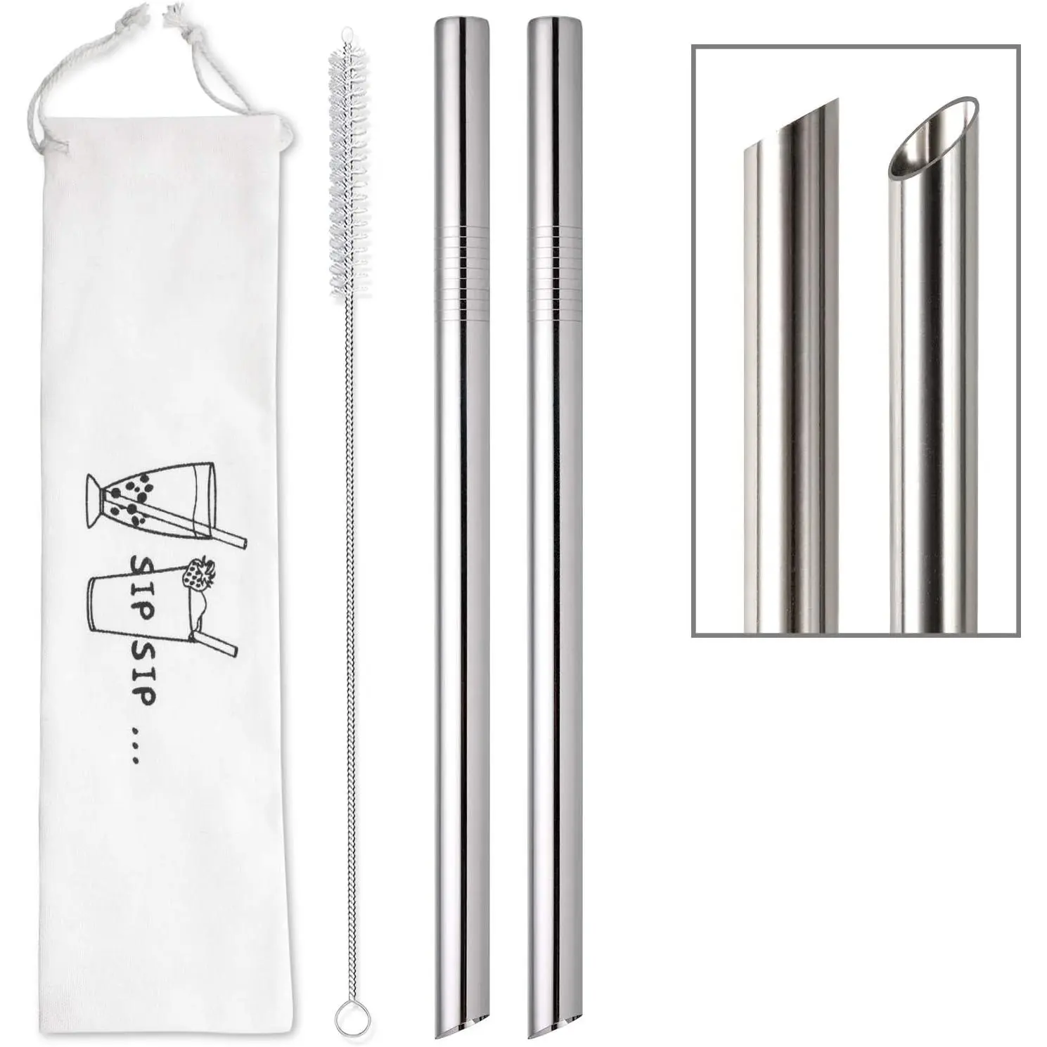 [Angled Tips] 2 Pcs Silver Jumbo Reusable Boba Straws, 0.5" Wide Stainless Steel Metal Straws for Bubble Tea, Milkshakes, Smoothies, with 1 Cleaning Brush & 1 Plastic Case