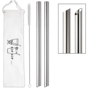 [Angled Tips] 2 Pcs Jumbo Reusable Boba Straws, 0.5" Wide Stainless Steel Metal Straws for Bubble Tea/Tapioca Pearl, Milkshakes,Smoothies |   1 Cleaning Brush & 1 Case Plastic Utensils