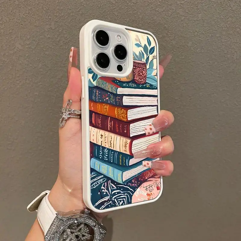 Magnetic Silicone TPU Protective Case for iPhone 11-17 Pro, ProMax, Plus - Book Stack Coffee Mug Art Aesthetic Print, Shockproof, Lightweight, Scratch-Resistant Smartphone Accessory for Handheld Cellphone Devices with Enhanced Resistance, Casing