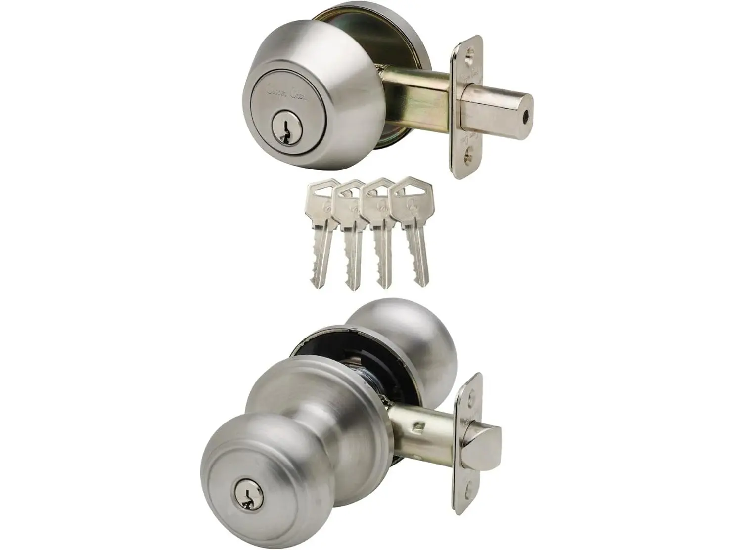 Copper Creek Hardware CKDB141SS Colonial Knob & Deadbolt Combo - Satin Stainless, Door Locks with 1" Plated Nickel Bolts, Adjustable 4-Way Deadbolt Latch, Brass Metal Stainless Steel Build, Exceeds ANSI Grade-3 Security Standards