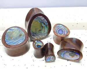 PAIR Abalone Shell Teardrop Sono Wood Saddle Plugs Organic Gauges Tear Drop