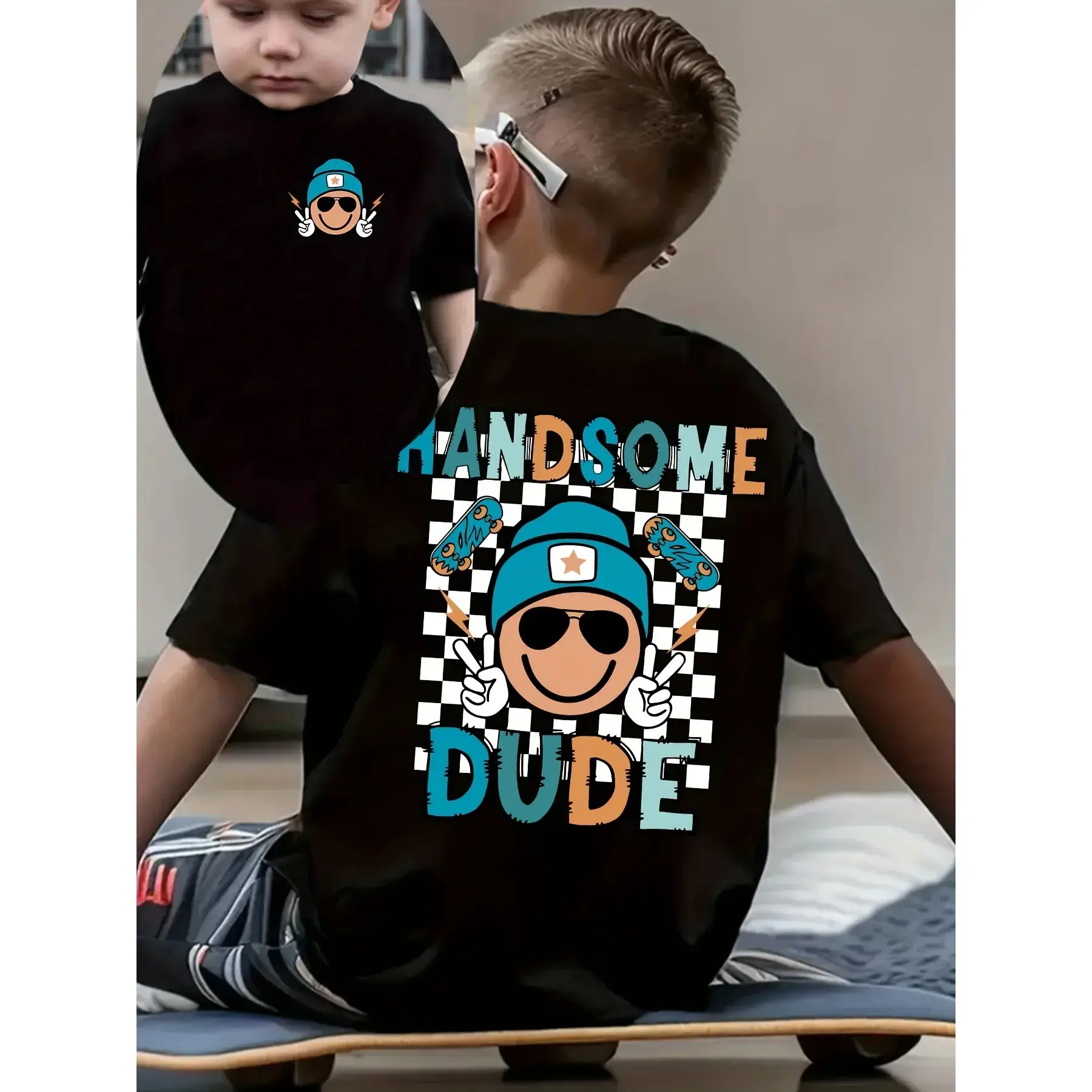 Boys Handsome Dude T-Shirt, Double Sided Checkered Smile Graphic Tee, Kids Short Sleeve Casual Top