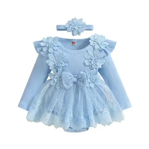 Autumn Baby Girls Outfit 3D Flower Bow Long Sleeve Mesh Dress Romper Headband Adorable Ribbed Outfits