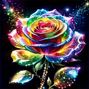 Rainbow glitter rose with starry sky background wall art.Multiple sizes available including square and round diamonds. This 5D DIY diamond painting set diamond art embroidery kit handmade furniture decor holiday birthday art personalized gift.