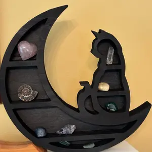 Moon Crystal Wooden Shelf Black Cat on Crescent Moon for Gothic and Magical Decor Decoration Wicca Gift Shelves Wall Decor Wall Art Friend Room