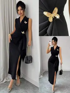 Sleeveless Suit Collar Midi Dress, Elegance, Formal Wear, Workwear, Chic, Womenswear, Butterfly Decoration, Waist Cinch Side Split, Perfect for Evening Events, Office, Parties