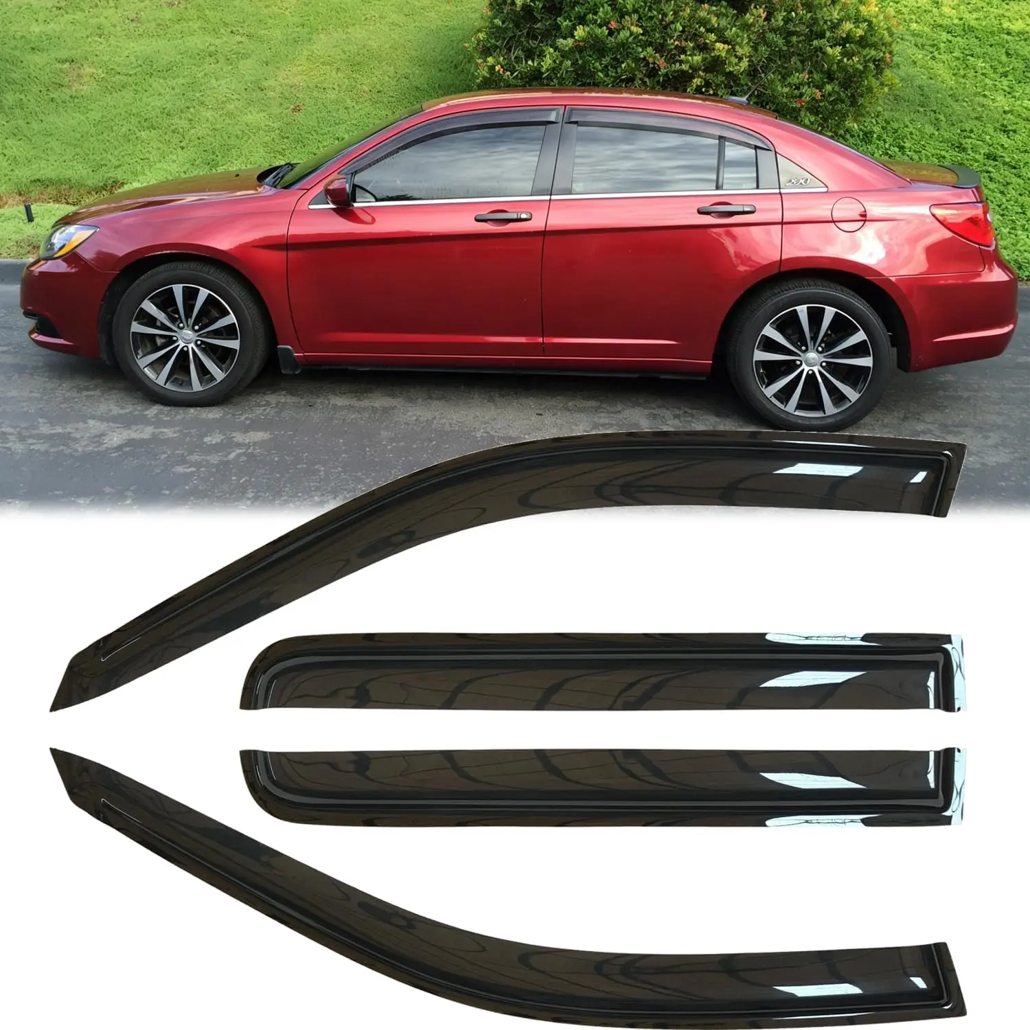 4pcs Side Window Rain Guards, Streamlined Flexible Design Reinforced Acrylic Shatterproof Deflectors, Dark Smoke Sun Protection Vent Visors for Chrysler 2007-2010 Sebring 2011-2014 200, Easy Peel-N-Stick Installation, 94458