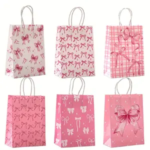 6/30pcs Pink Bow Themed Party Favor Bags,Elegant Paper Gift Bags with Handles for Weddings, Bridal Showers, Birthdays, and Special Occasions, Featuring Bows, Stars, and Geometric Patterns in Shades of Pink, Wedding Party Favors | Whimsical Bow Design.