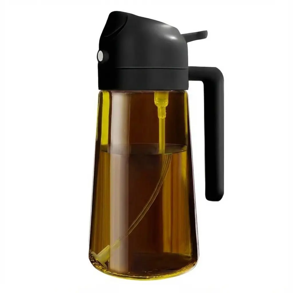 Premium 16oz/470ml Glass Olive Oil Sprayer & Refillable Reusable Cooking Oil Container, 2-in-1 BPA-Free PP Food-Grade Kitchen Gadget with Wide Mouth, Measuring, Leakproof, Transparent Nozzle for Salad, Frying