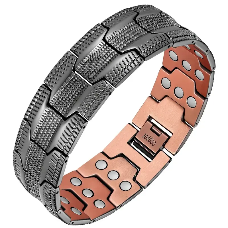 Men’s 99.99% Pure Copper Adjustable Bracelet - 3X Strength 3500 Gauss 3 Rows Mag, Carved Texture, Black Classic Daily Everyday Wear Matching Set Gift, Masculine Look
