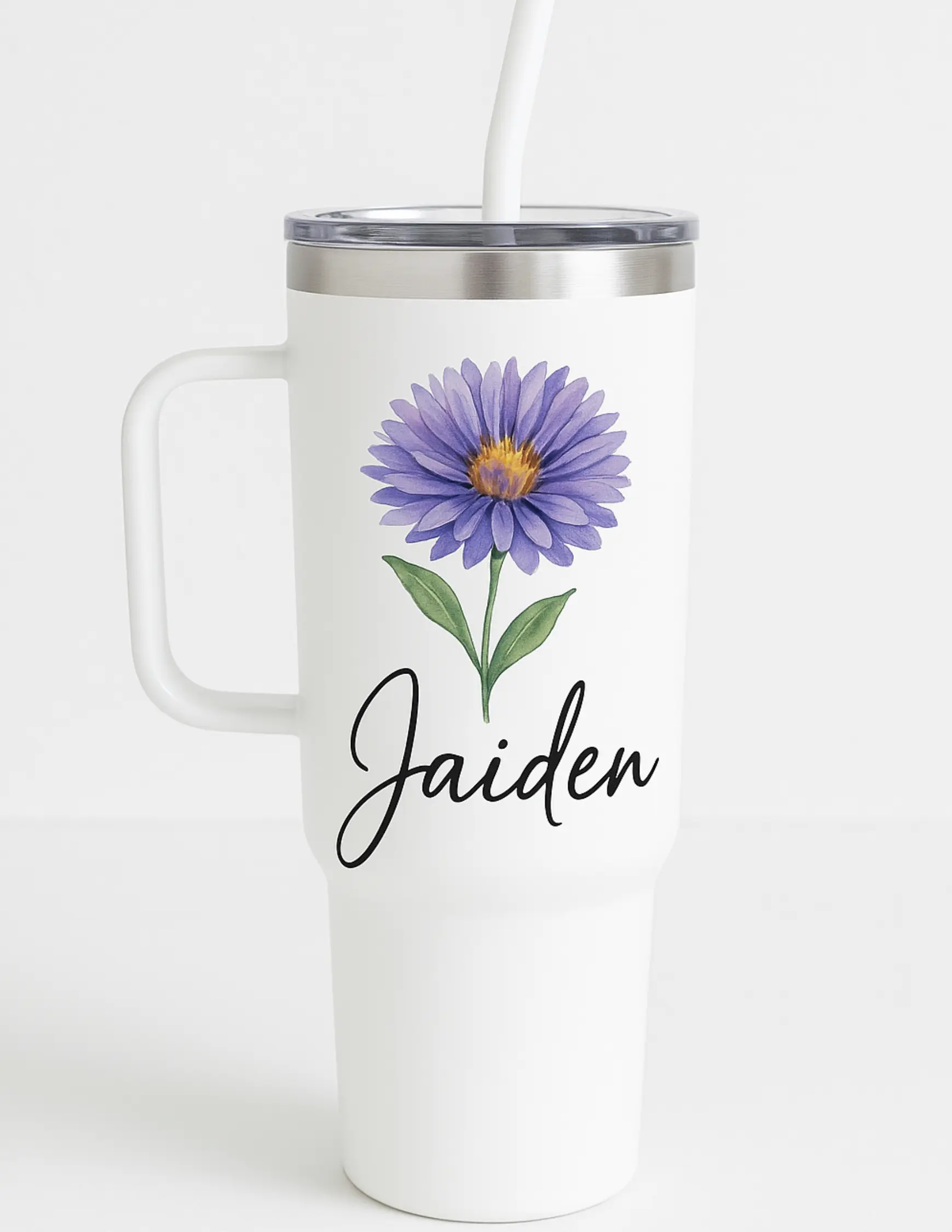 Personalized 40oz Stainless Steel Tumbler with Lid & Straw - Custom Name Jaiden Purple Flower Design - Gift for Mom Dad Grandma Grandpa Friends Kids Coworkers Drinkware