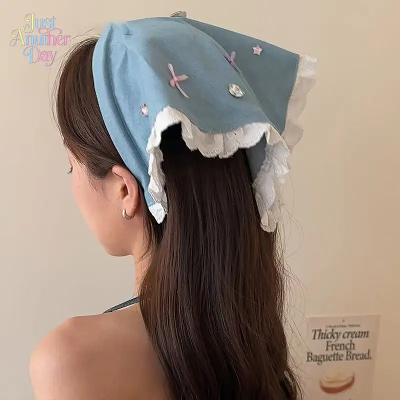 French Cottagecore Triangle Lace Headband, Denim Blue Headscarf with Bow & Star Charms, Sweet Cool Style Hair Accessory for Beach Photos & Daily Wear