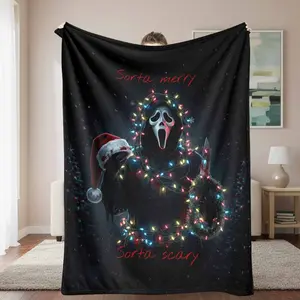 Christmas Horror Ghost Mask Flannel Blanket Festive Lights Print Warm Cozy Soft Plush Lightweight Throw Blanket Perfect for Holiday Party Home Decoration Movie Night Gift for Friends Bedroom and Living Room Use