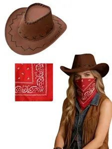 2 Piece Vintage Wide Brim Cowboy Hat Set, Unisex Western Style Windproof Scarf, Ideal for Outdoor Activities, Birthday Parties, Role Play, Stage Performances