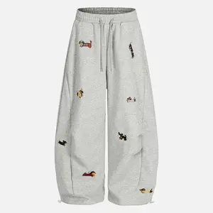 YYK Embroidered Puppy High-Waist Baggy Wide-Leg Sweatpants with Pockets, Drawstring Elastic Waist, Casual Streetwear, Vintage Streetwear Joggers for men and women