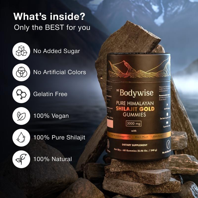 Be Bodywise Pure Himalayan Shilajit Gummies | For Optimal Energy, Immunity, Vitality, Endurance, Packing, Longer time & Stamina Support | 3000mg with KSM-66 Ashwagandha, Gokshura, Saffron, Black Musli, Fulvic Acid & 85+Trace Minerals  Organic  Healthcare