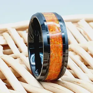 8mm Tungsten Ring with Orange Opal Inlay for Men and Women - Wedding Band, Promise Ring, Special Gift, Engagement Band